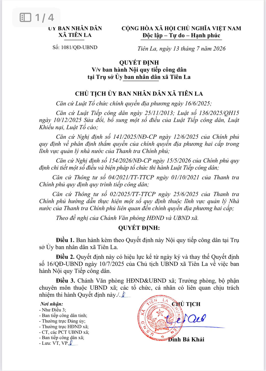 UBND xã Tiên La ban hành Nội quy tiếp công dân.