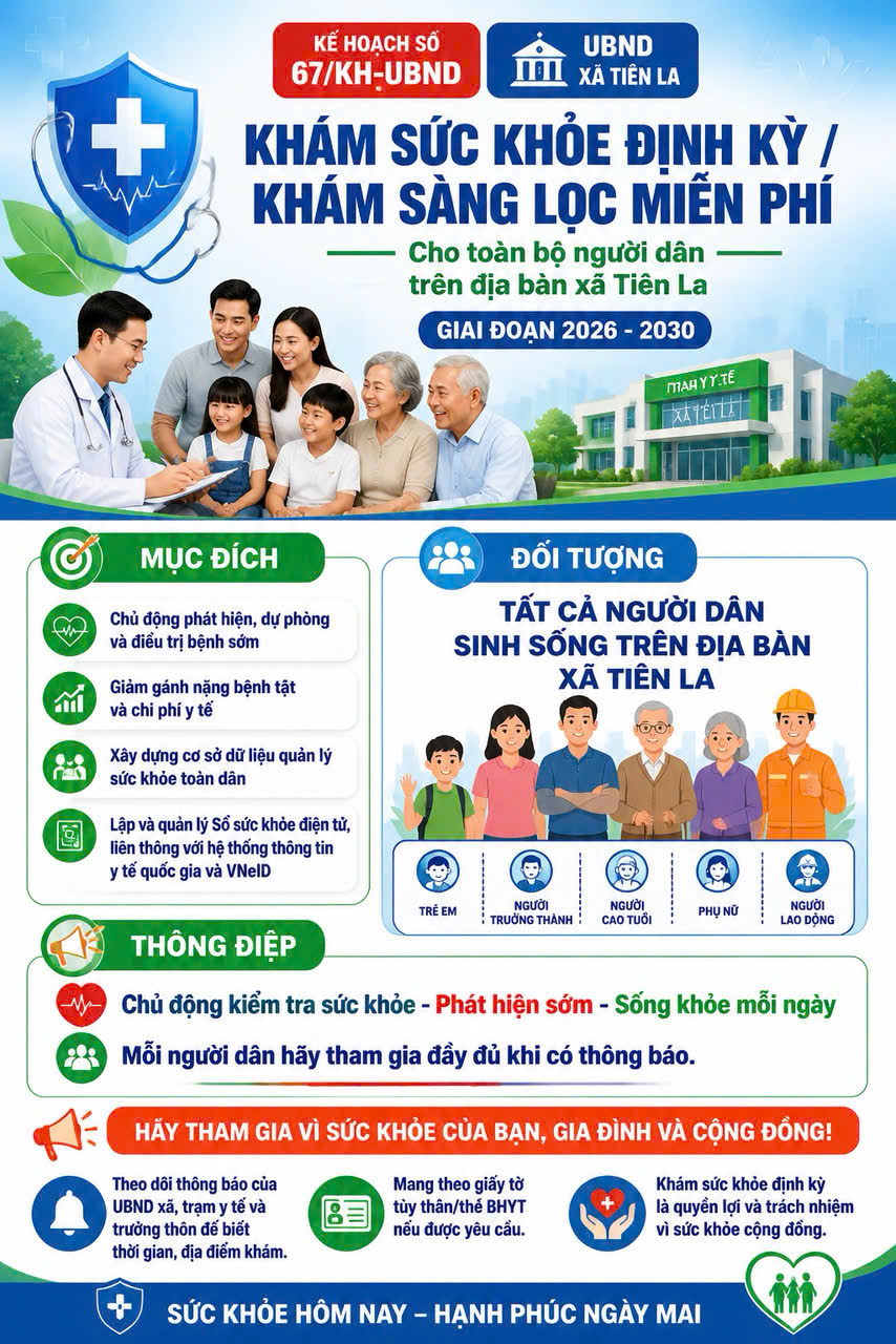 XÃ TIÊN LA TRIỂN KHAI KHÁM SỨC KHỎE ĐỊNH KỲ, KHÁM SÀNG LỌC MIỄN PHÍ CHO NGƯỜI DÂN GIAI ĐOẠN 2026–2030