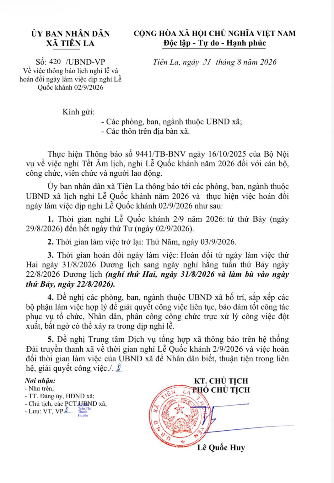 UBND xã Tiên La thông báo Lịch nghỉ lễ và hoán đổi ngày làm việc dịp nghỉ Lễ Quốc Khánh 2/9/2026